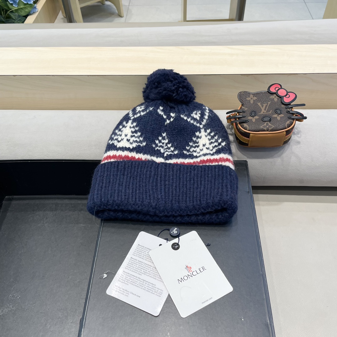 moncler冬季加厚保暖帽子女可爱大毛球针织帽大头围韩版冬天防寒护耳冷帽