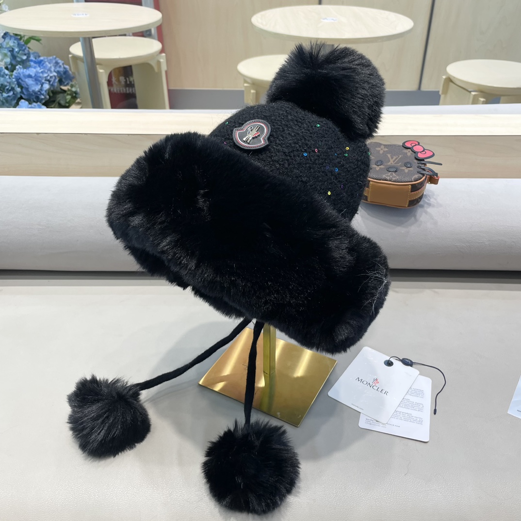 moncler甜美护耳毛线帽子女秋冬加绒保暖套头帽日韩版百搭防寒针织帽亮片