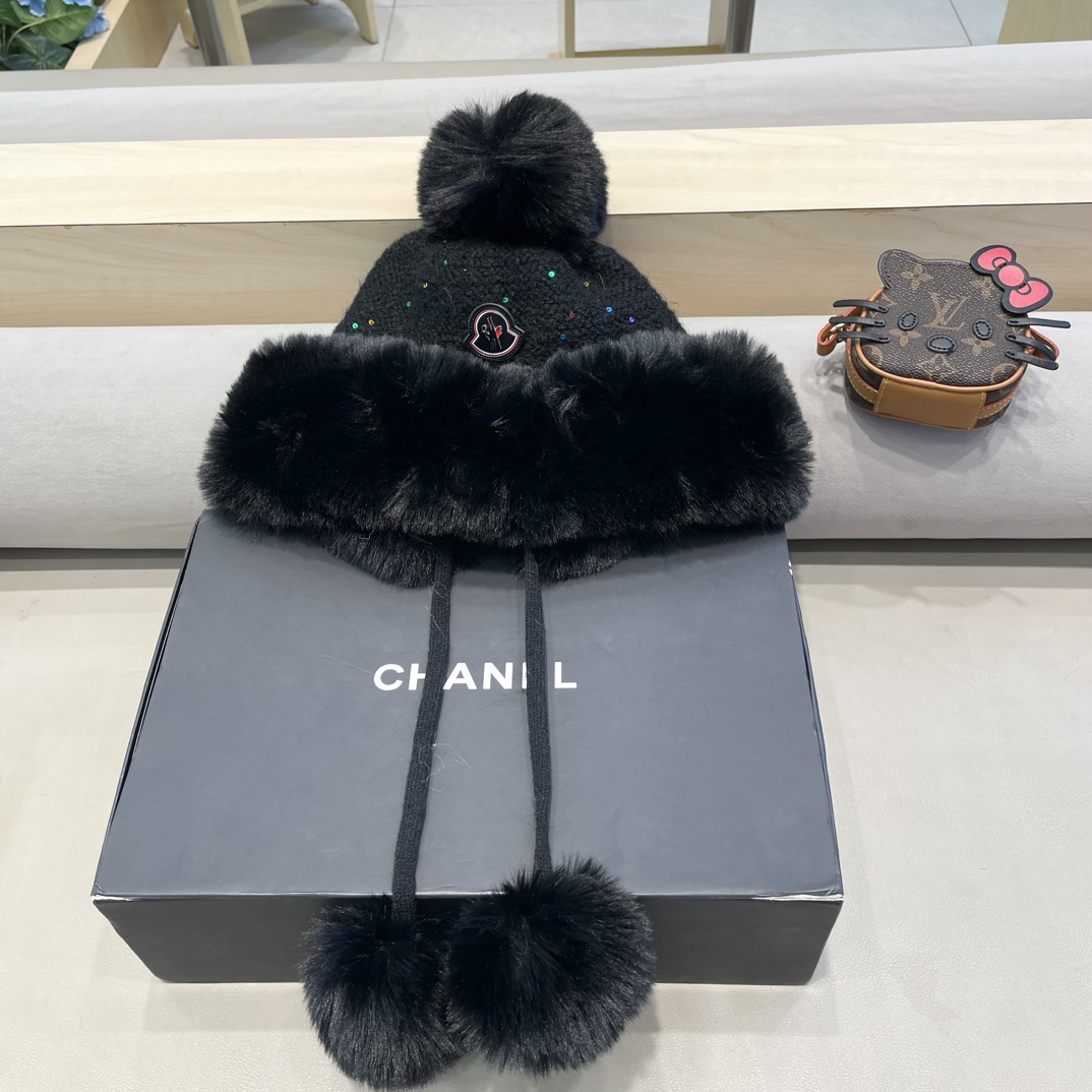 moncler甜美护耳毛线帽子女秋冬加绒保暖套头帽日韩版百搭防寒针织帽亮片