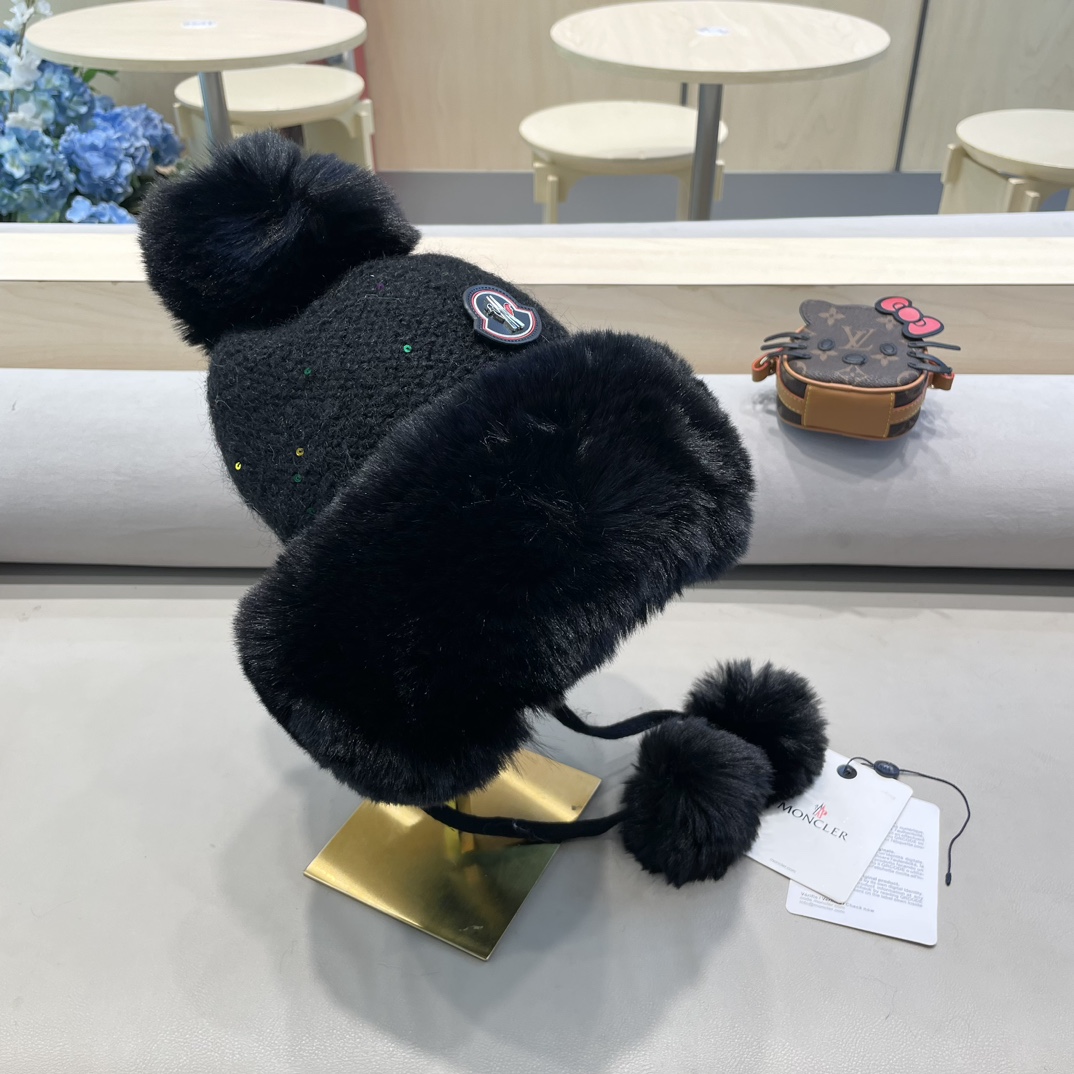 moncler甜美护耳毛线帽子女秋冬加绒保暖套头帽日韩版百搭防寒针织帽亮片