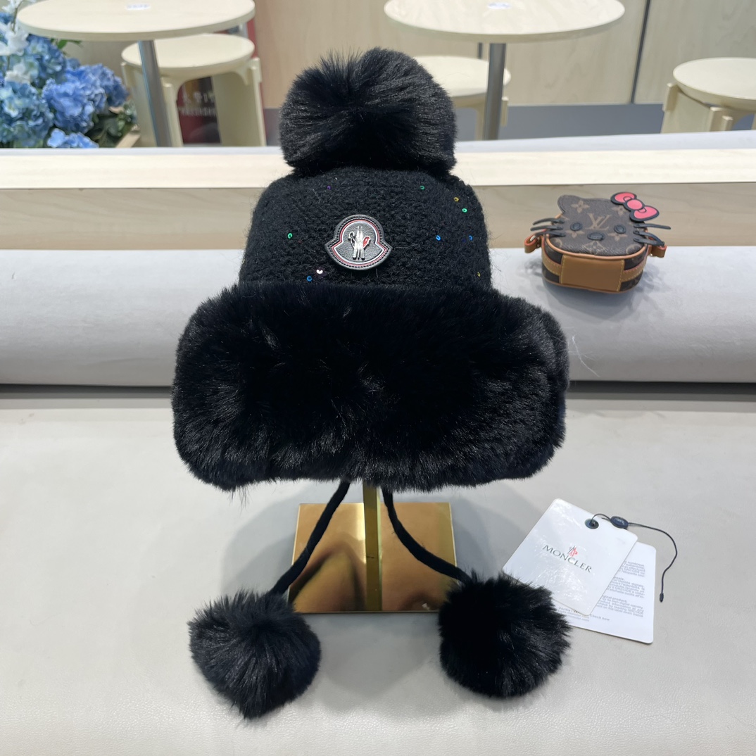 moncler甜美护耳毛线帽子女秋冬加绒保暖套头帽日韩版百搭防寒针织帽亮片