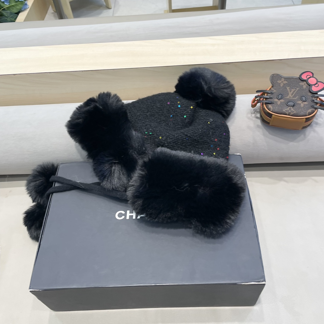 moncler甜美护耳毛线帽子女秋冬加绒保暖套头帽日韩版百搭防寒针织帽亮片