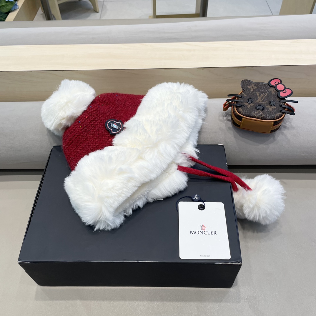 moncler甜美护耳毛线帽子女秋冬加绒保暖套头帽日韩版百搭防寒针织帽亮片