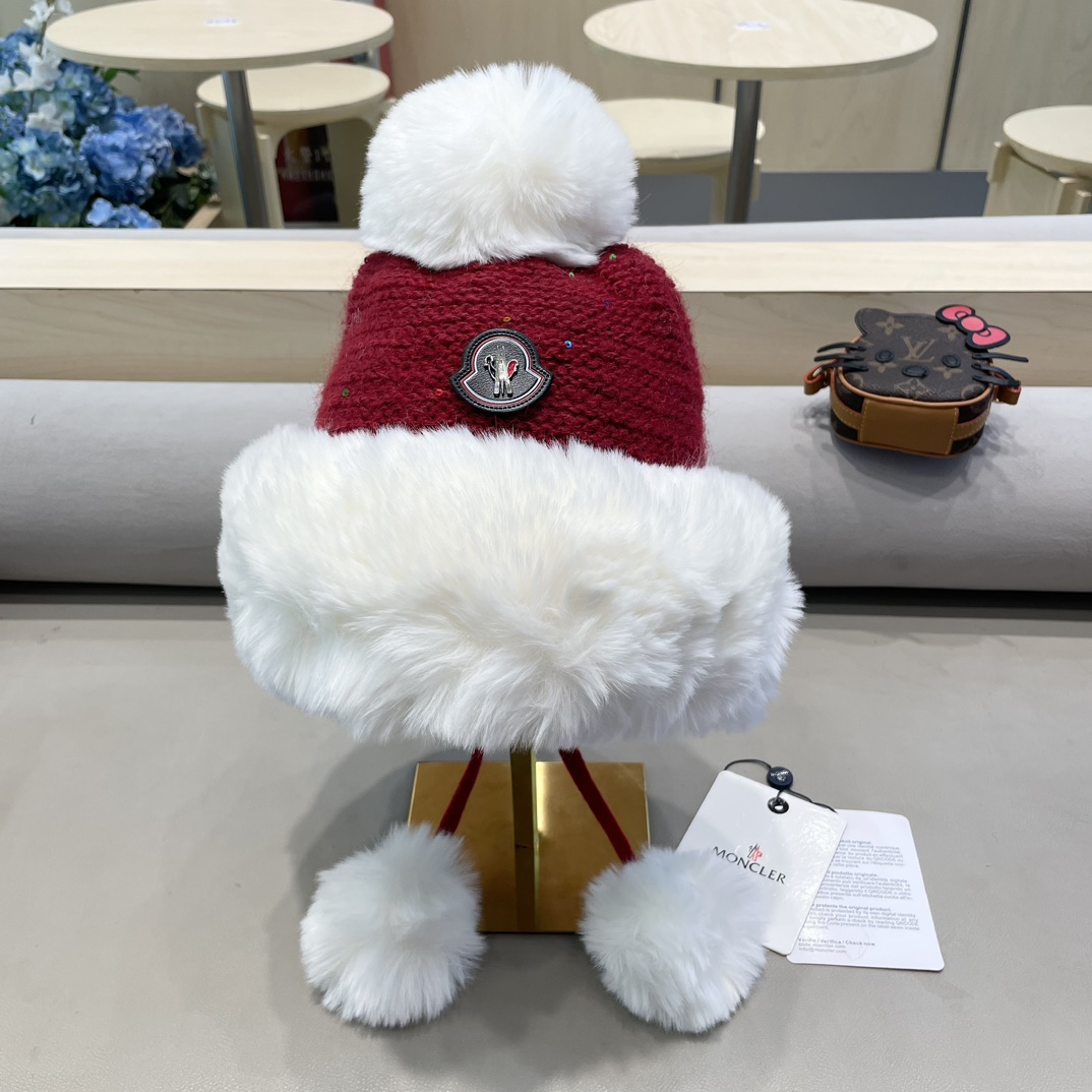 moncler甜美护耳毛线帽子女秋冬加绒保暖套头帽日韩版百搭防寒针织帽亮片
