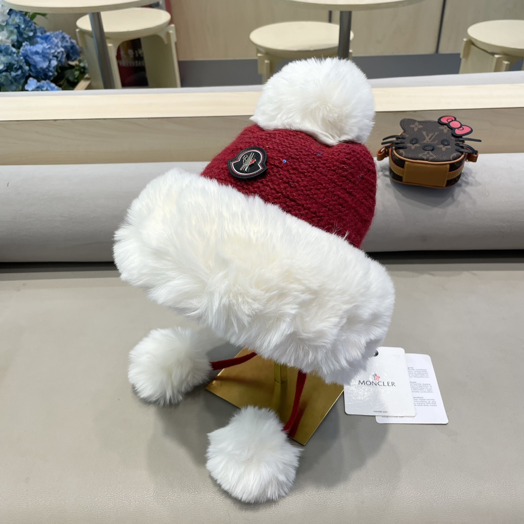 moncler甜美护耳毛线帽子女秋冬加绒保暖套头帽日韩版百搭防寒针织帽亮片