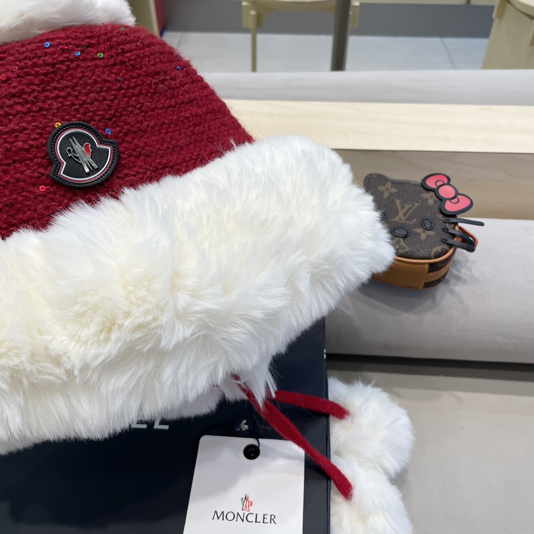 moncler甜美护耳毛线帽子女秋冬加绒保暖套头帽日韩版百搭防寒针织帽亮片