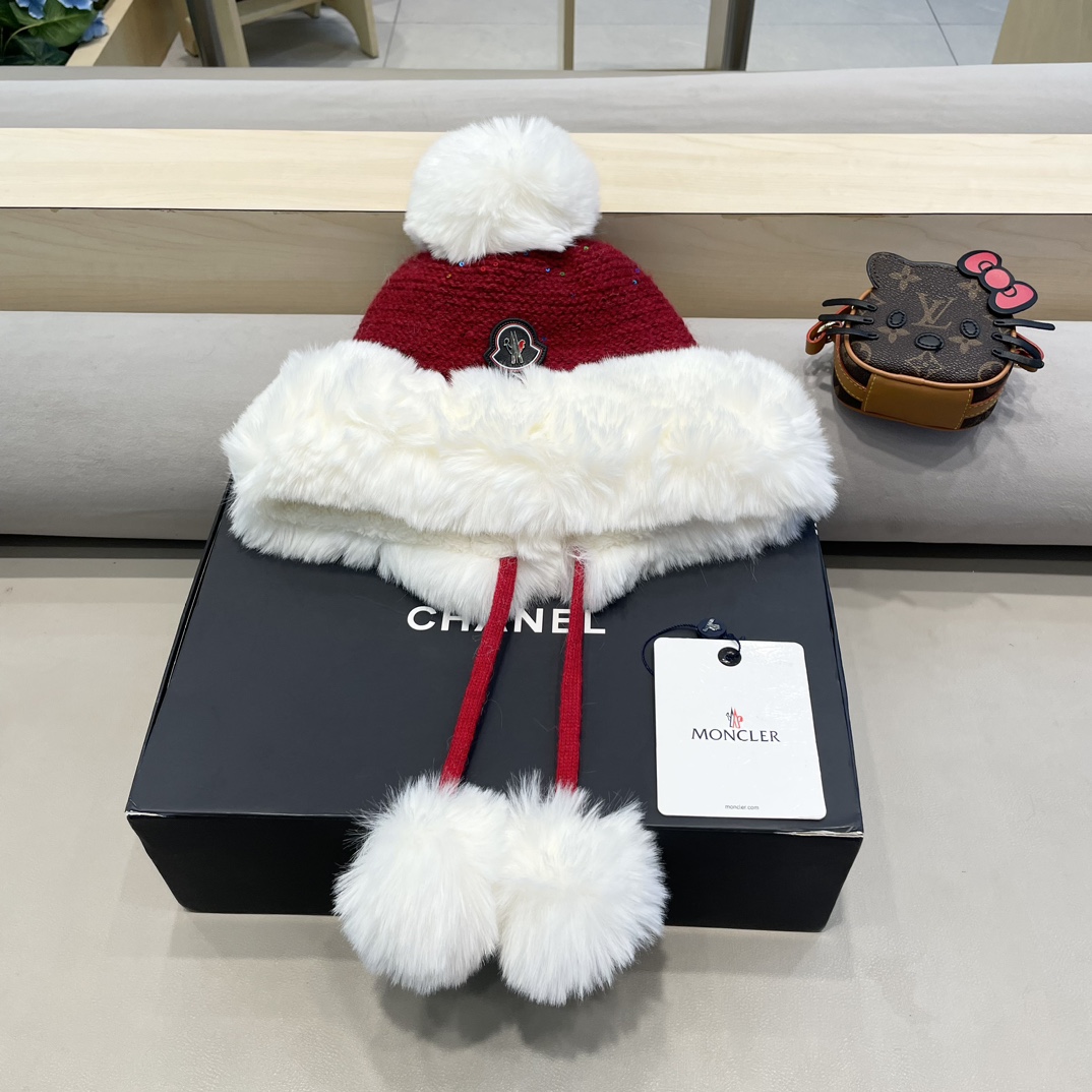 moncler甜美护耳毛线帽子女秋冬加绒保暖套头帽日韩版百搭防寒针织帽亮片