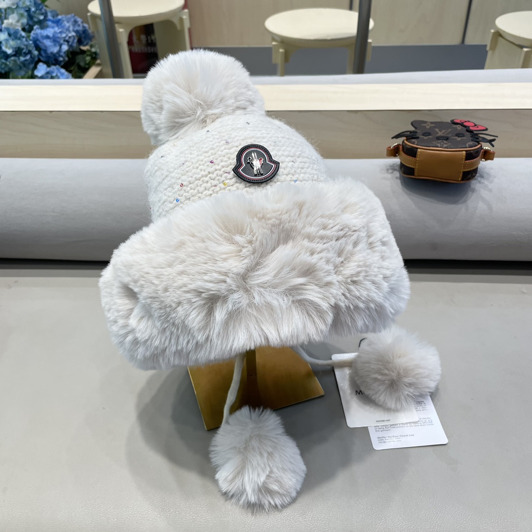 moncler甜美护耳毛线帽子女秋冬加绒保暖套头帽日韩版百搭防寒针织帽亮片