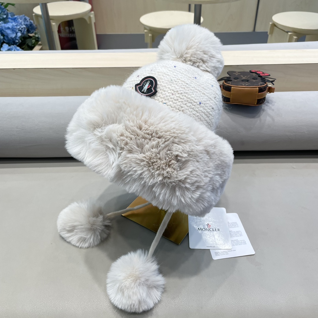 moncler甜美护耳毛线帽子女秋冬加绒保暖套头帽日韩版百搭防寒针织帽亮片
