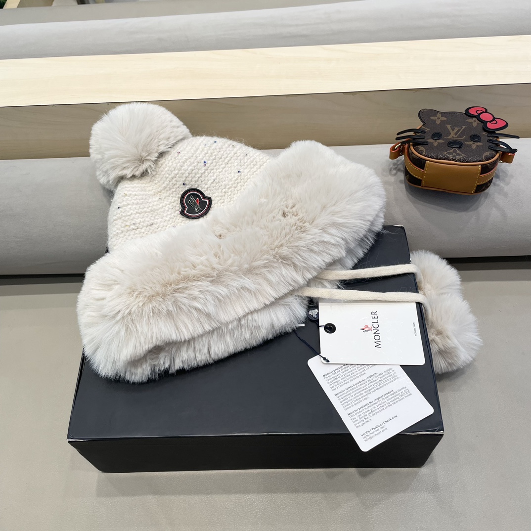 moncler甜美护耳毛线帽子女秋冬加绒保暖套头帽日韩版百搭防寒针织帽亮片