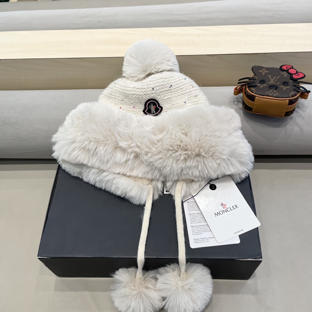 moncler甜美护耳毛线帽子女秋冬加绒保暖套头帽日韩版百搭防寒针织帽亮片