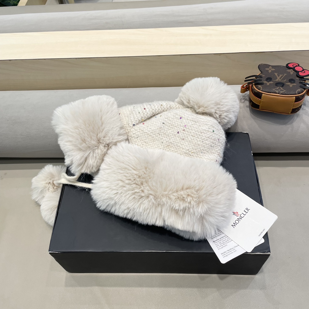 moncler甜美护耳毛线帽子女秋冬加绒保暖套头帽日韩版百搭防寒针织帽亮片