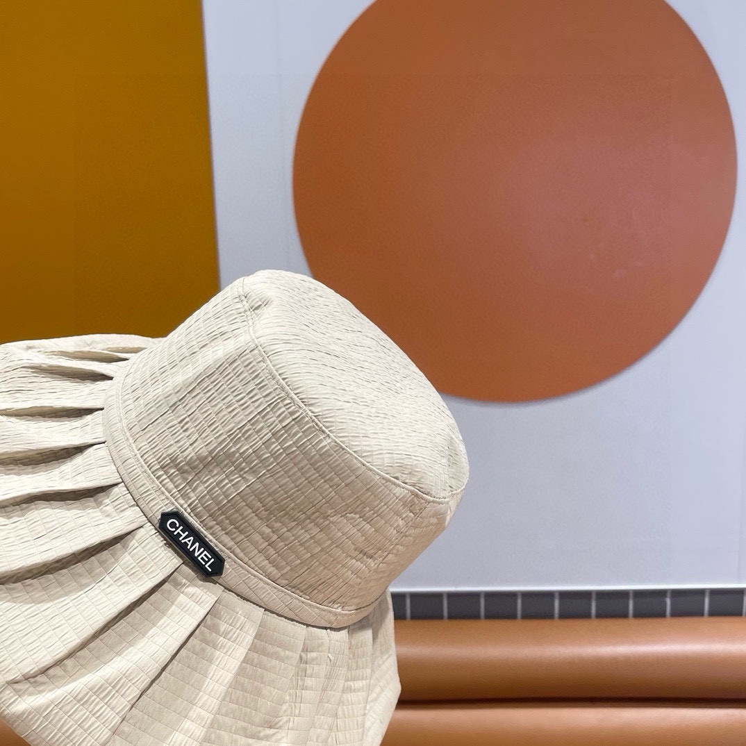  Chanel香奈儿 百褶边显脸小渔夫帽夏季女日系优雅遮脸防晒盆帽 海边沙滩帽