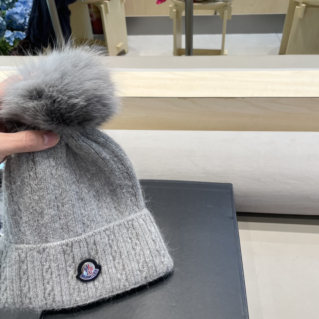 moncler兔毛麻花针织帽女秋冬狐狸毛球保暖帽子韩版日系百搭包头帽堆堆帽