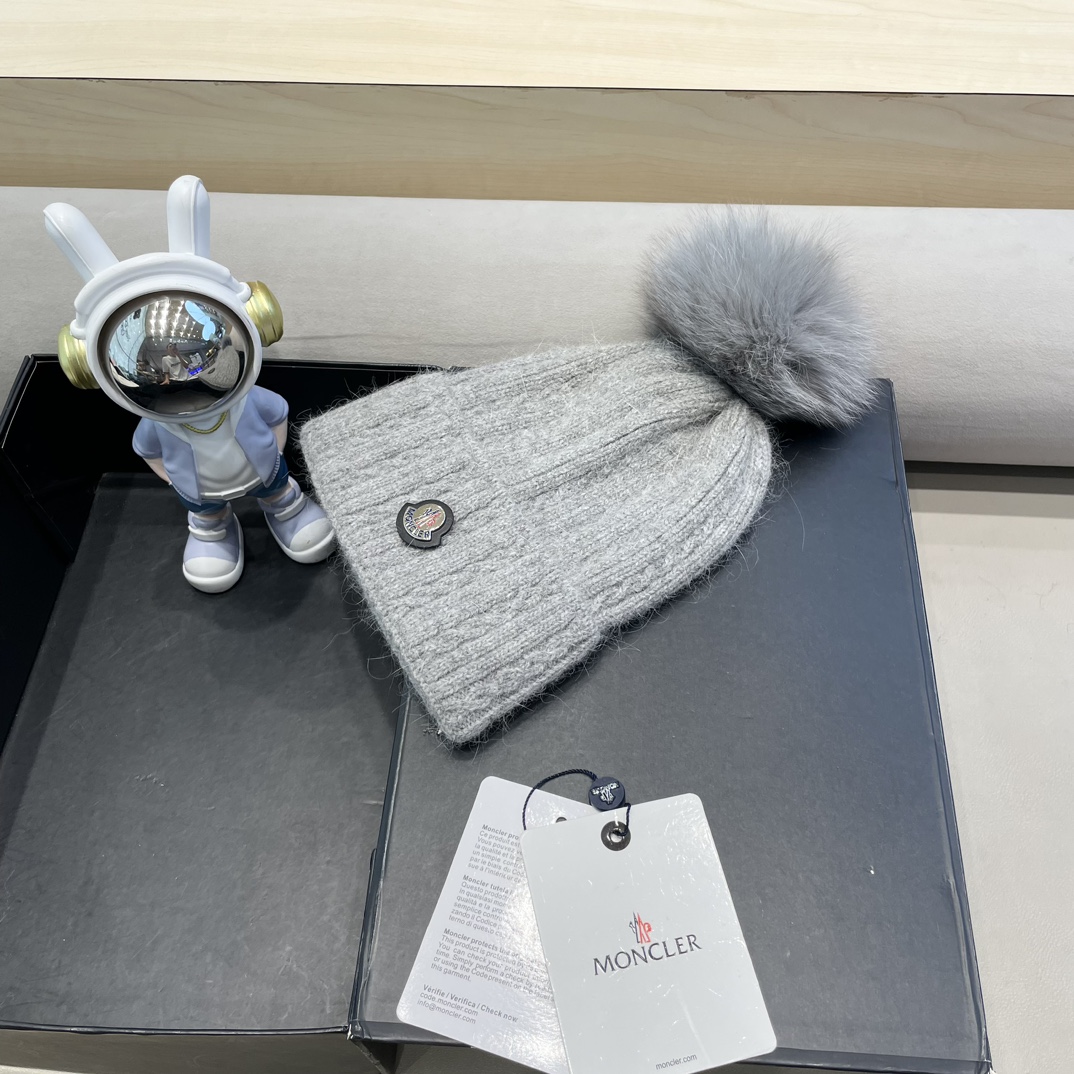 moncler兔毛麻花针织帽女秋冬狐狸毛球保暖帽子韩版日系百搭包头帽堆堆帽