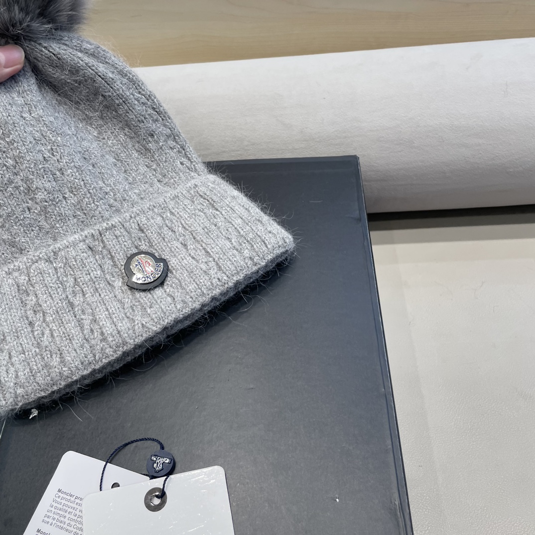 moncler兔毛麻花针织帽女秋冬狐狸毛球保暖帽子韩版日系百搭包头帽堆堆帽
