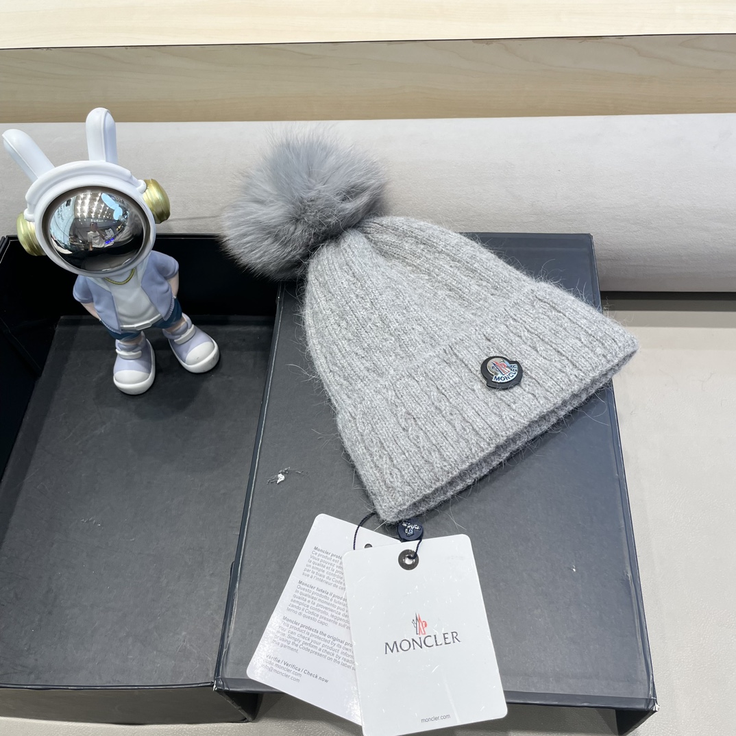 moncler兔毛麻花针织帽女秋冬狐狸毛球保暖帽子韩版日系百搭包头帽堆堆帽