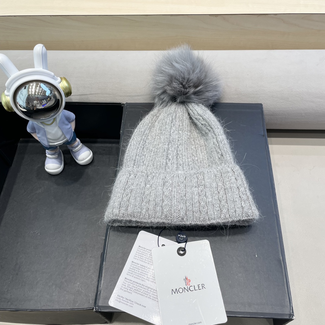 moncler兔毛麻花针织帽女秋冬狐狸毛球保暖帽子韩版日系百搭包头帽堆堆帽