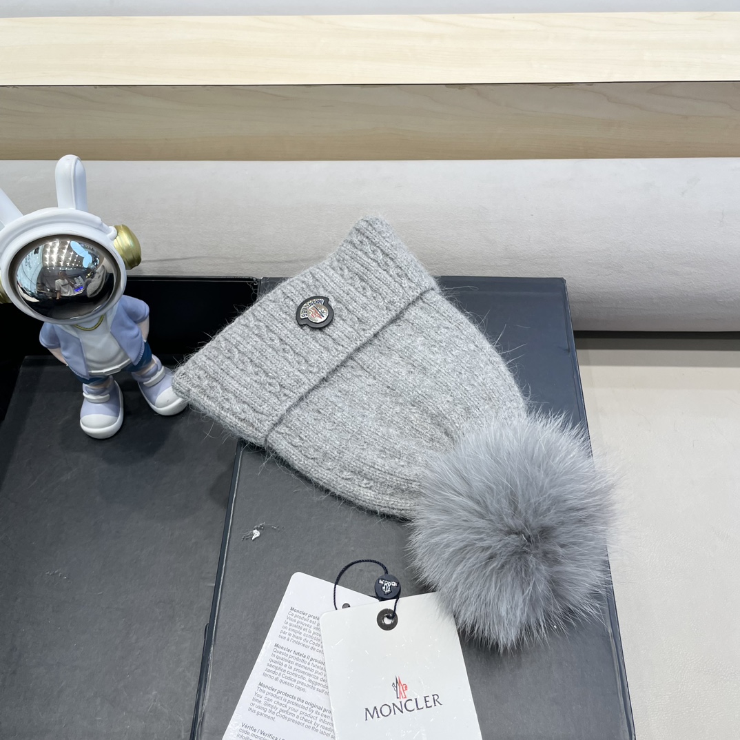 moncler兔毛麻花针织帽女秋冬狐狸毛球保暖帽子韩版日系百搭包头帽堆堆帽