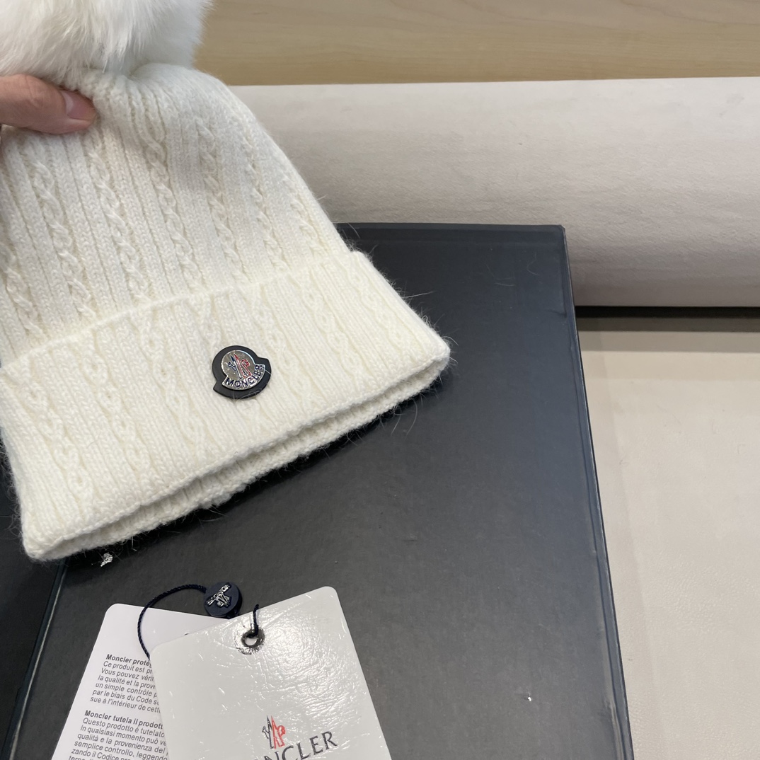 moncler兔毛麻花针织帽女秋冬狐狸毛球保暖帽子韩版日系百搭包头帽堆堆帽