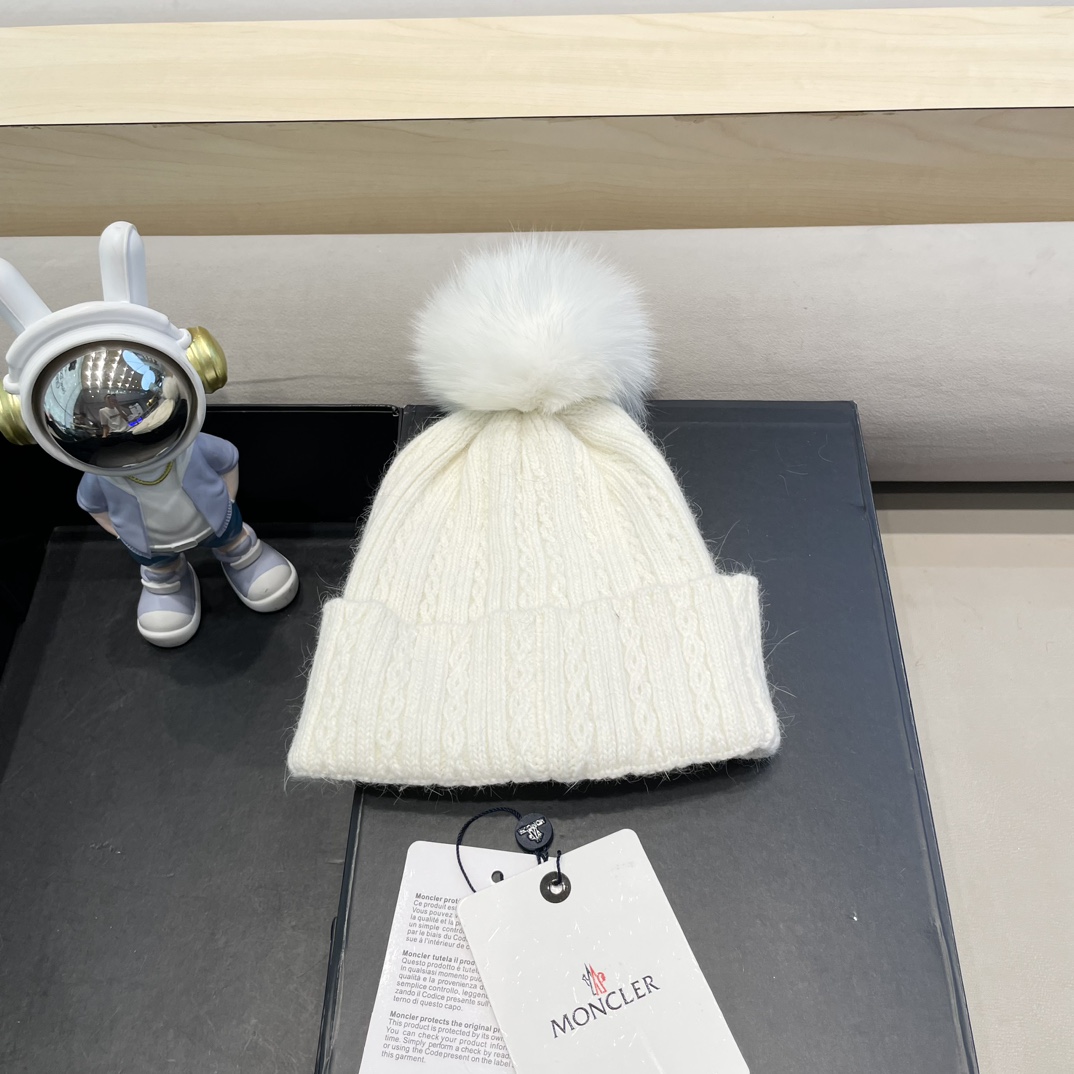 moncler兔毛麻花针织帽女秋冬狐狸毛球保暖帽子韩版日系百搭包头帽堆堆帽