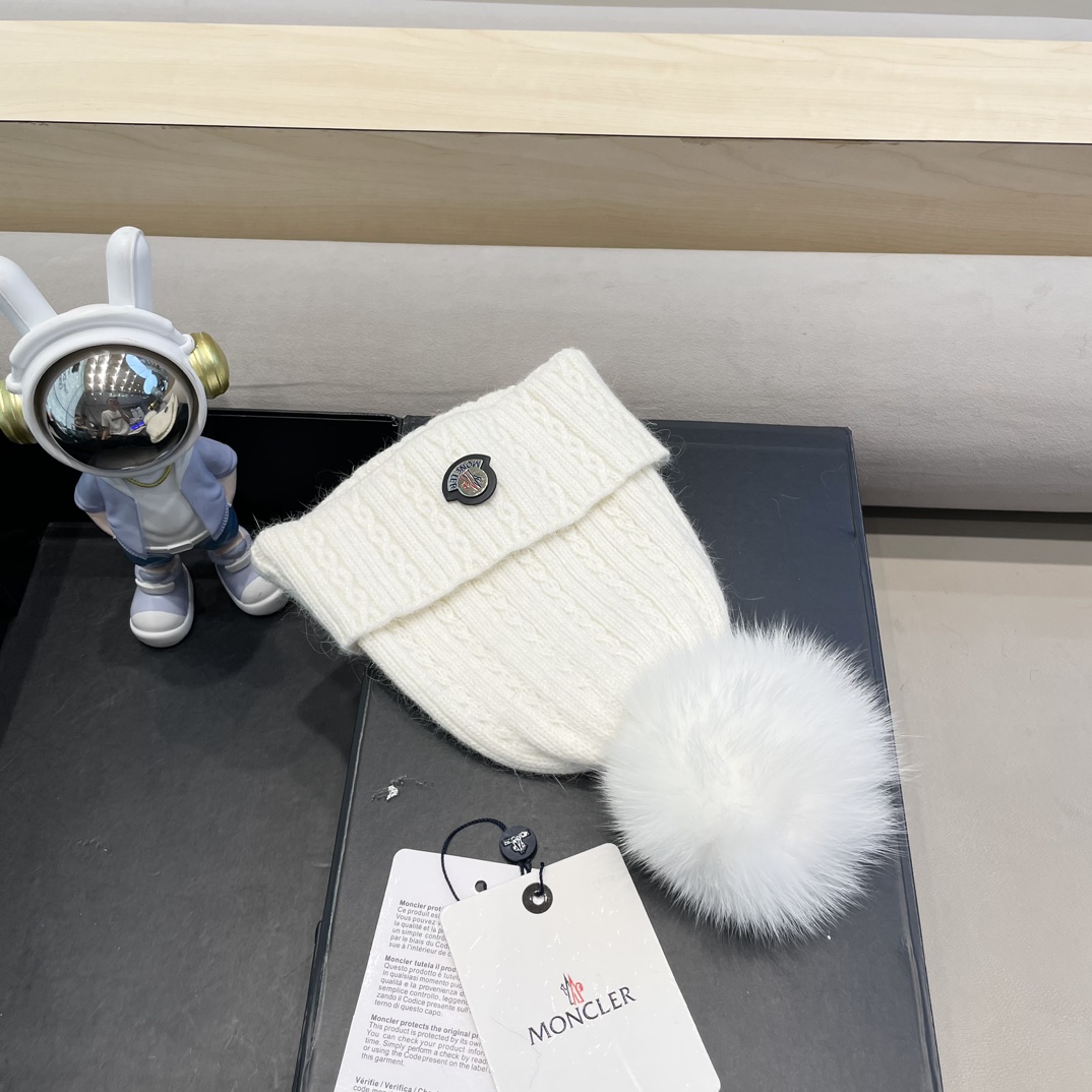 moncler兔毛麻花针织帽女秋冬狐狸毛球保暖帽子韩版日系百搭包头帽堆堆帽