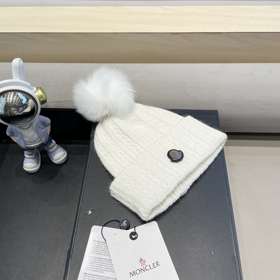 moncler兔毛麻花针织帽女秋冬狐狸毛球保暖帽子韩版日系百搭包头帽堆堆帽