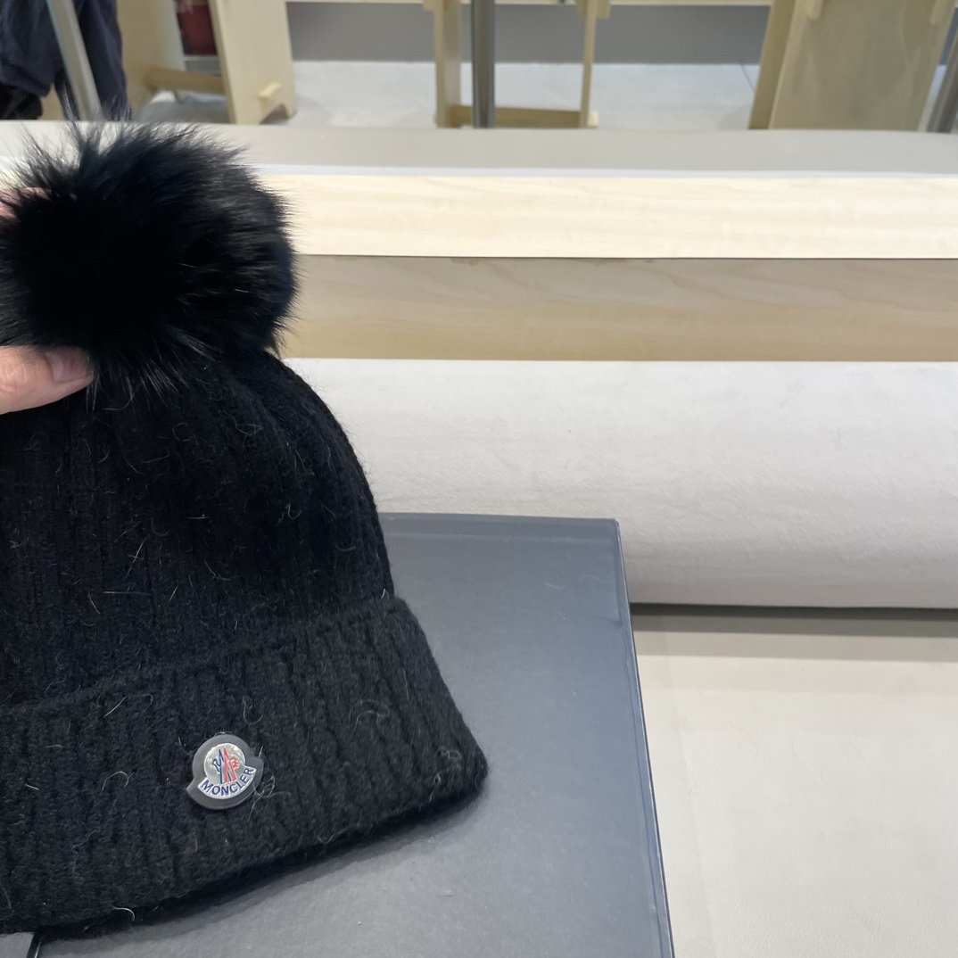 moncler兔毛麻花针织帽女秋冬狐狸毛球保暖帽子韩版日系百搭包头帽堆堆帽