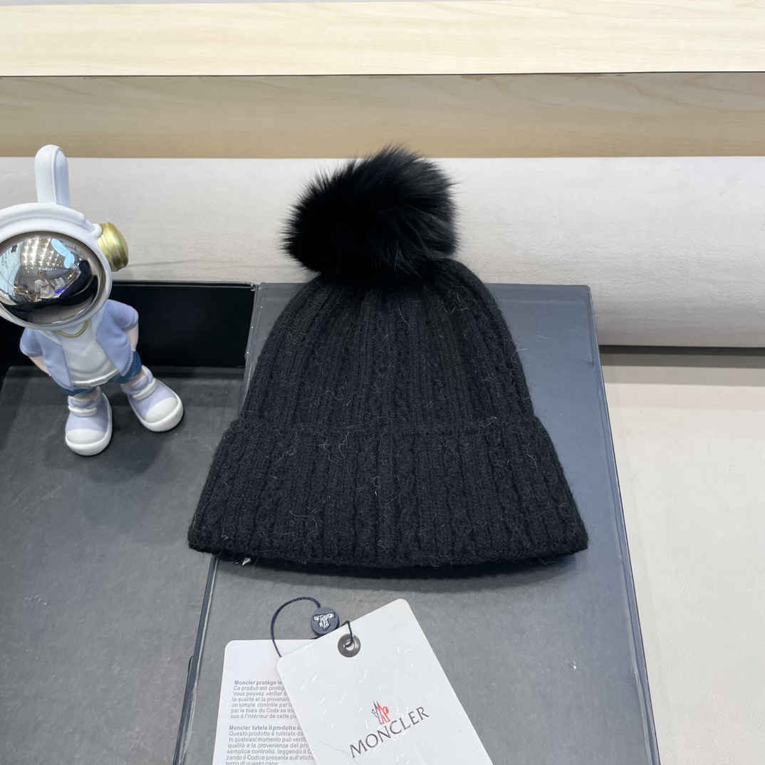 moncler兔毛麻花针织帽女秋冬狐狸毛球保暖帽子韩版日系百搭包头帽堆堆帽