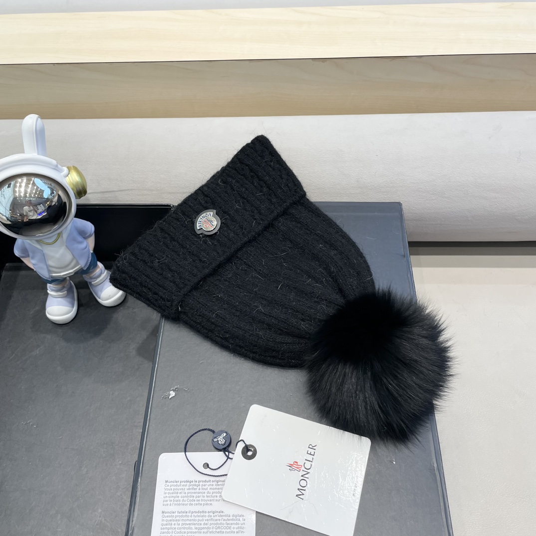 moncler兔毛麻花针织帽女秋冬狐狸毛球保暖帽子韩版日系百搭包头帽堆堆帽