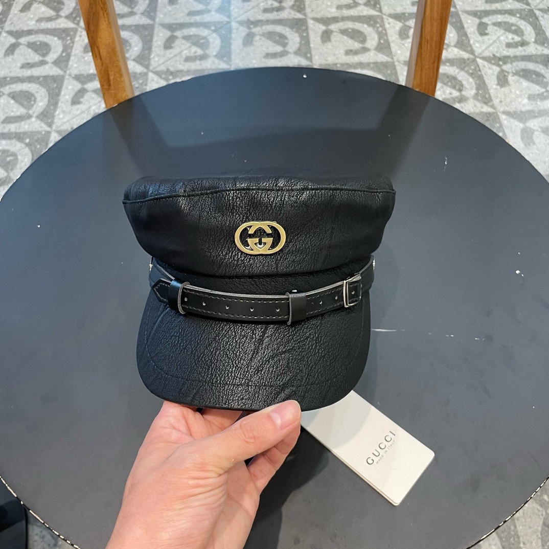 古奇Gucci新款时尚海军帽韩版显脸小平顶帽秋冬百搭皮檐复古英伦报童帽