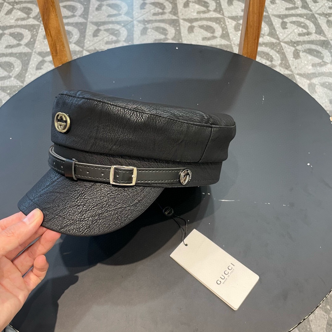 古奇Gucci新款时尚海军帽韩版显脸小平顶帽秋冬百搭皮檐复古英伦报童帽