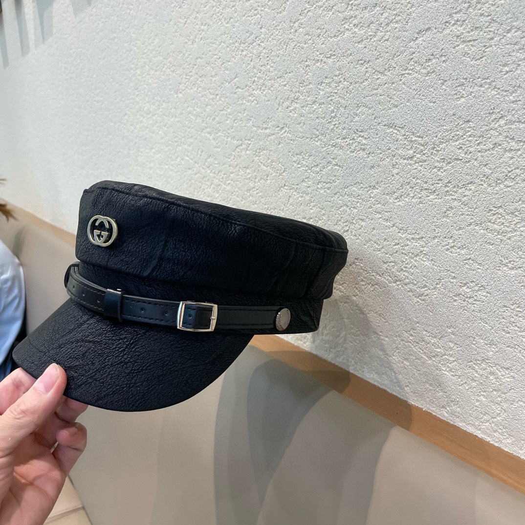 古奇Gucci新款时尚海军帽韩版显脸小平顶帽秋冬百搭皮檐复古英伦报童帽