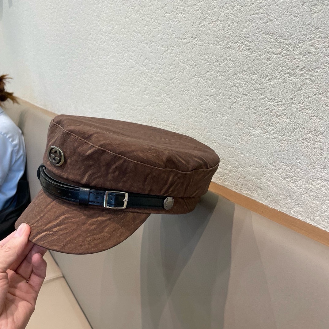古奇Gucci新款时尚海军帽韩版显脸小平顶帽秋冬百搭皮檐复古英伦报童帽