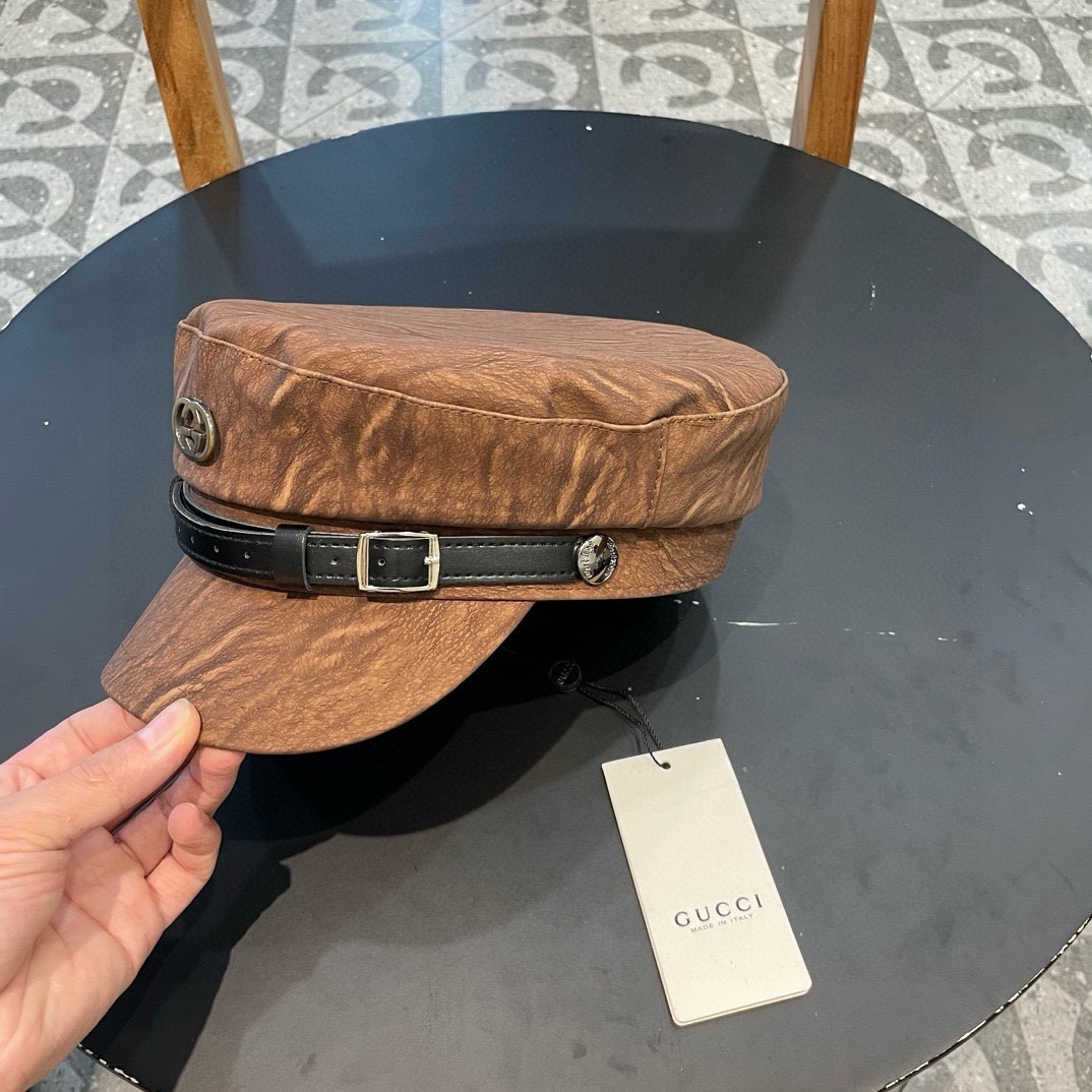 古奇Gucci新款时尚海军帽韩版显脸小平顶帽秋冬百搭皮檐复古英伦报童帽