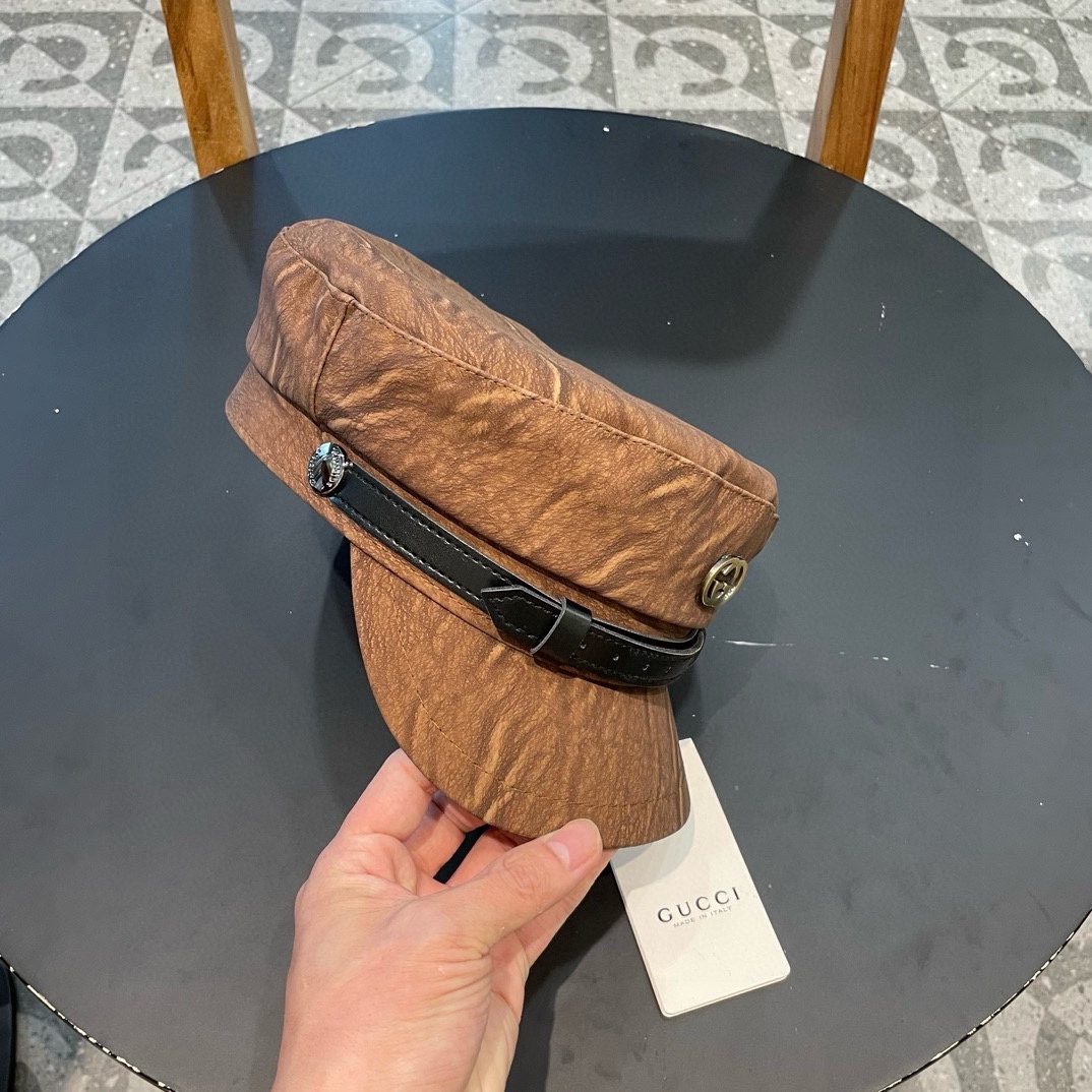 古奇Gucci新款时尚海军帽韩版显脸小平顶帽秋冬百搭皮檐复古英伦报童帽