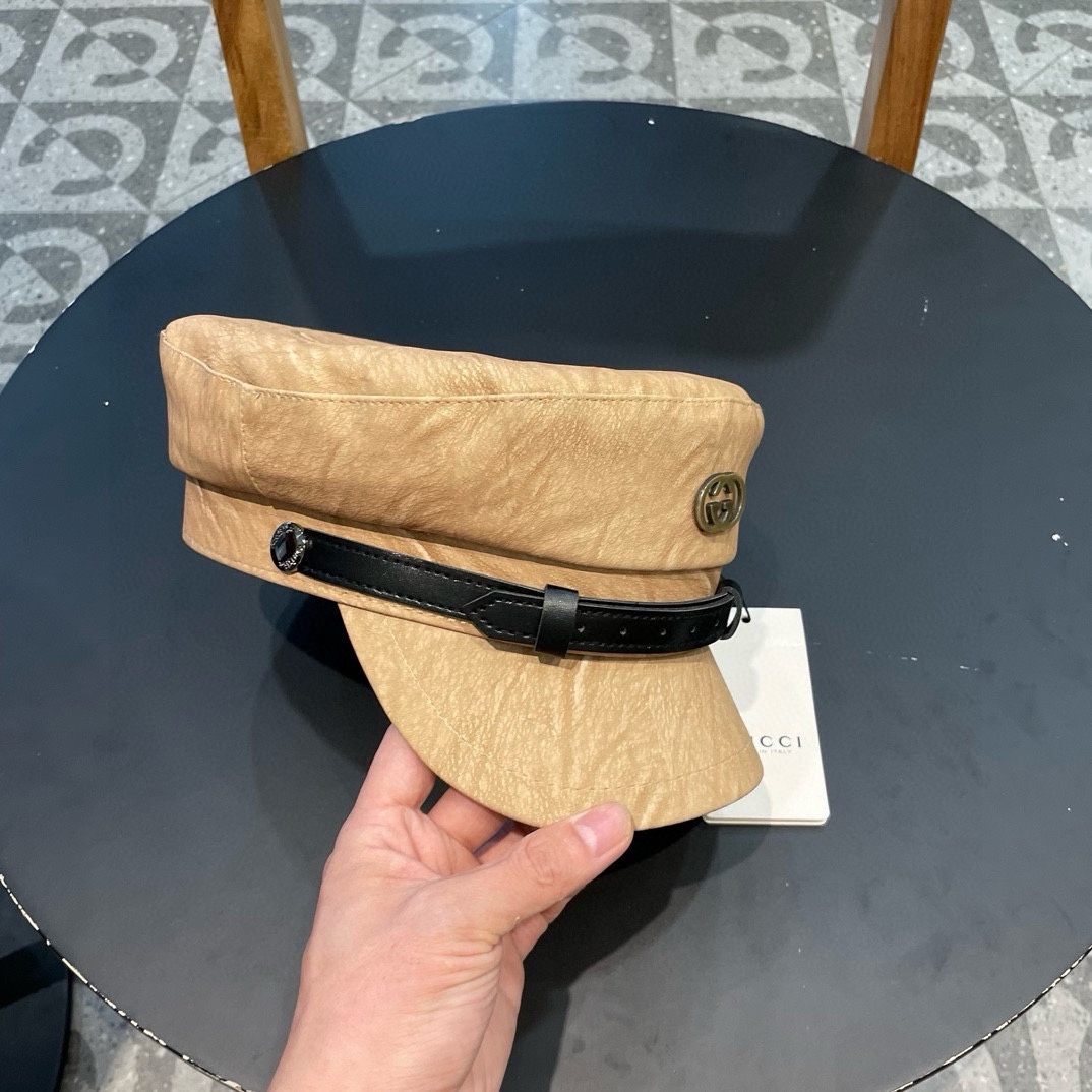 古奇Gucci新款时尚海军帽韩版显脸小平顶帽秋冬百搭皮檐复古英伦报童帽