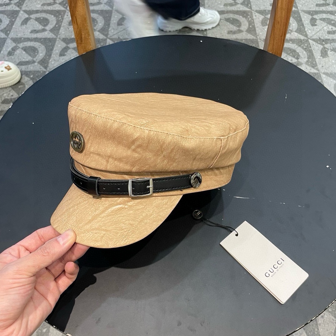 古奇Gucci新款时尚海军帽韩版显脸小平顶帽秋冬百搭皮檐复古英伦报童帽