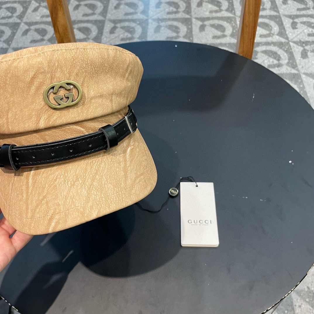 古奇Gucci新款时尚海军帽韩版显脸小平顶帽秋冬百搭皮檐复古英伦报童帽