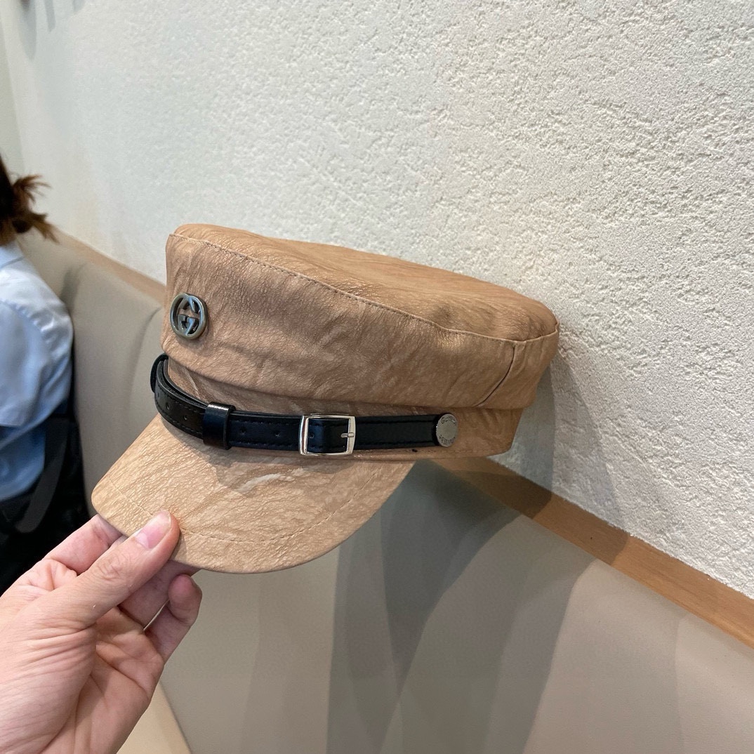 古奇Gucci新款时尚海军帽韩版显脸小平顶帽秋冬百搭皮檐复古英伦报童帽