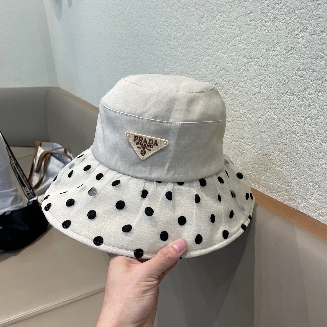 普拉达Prada韩版波点蝴蝶结渔夫帽女款春夏出游优雅百搭可折叠防晒遮阳帽盆帽