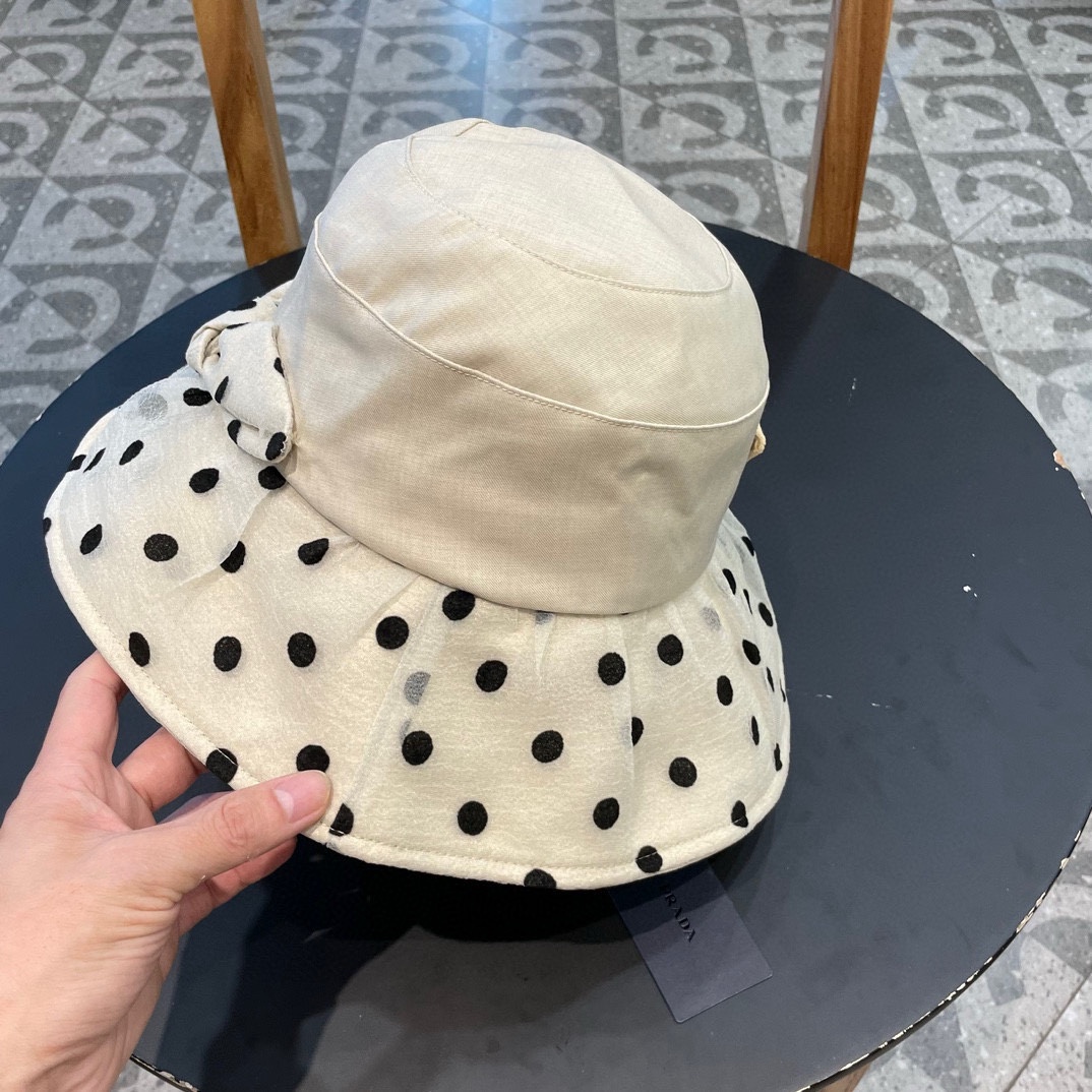 普拉达Prada韩版波点蝴蝶结渔夫帽女款春夏出游优雅百搭可折叠防晒遮阳帽盆帽