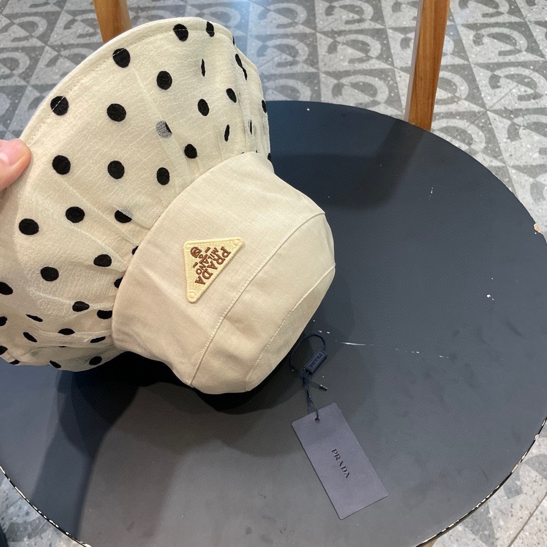 普拉达Prada韩版波点蝴蝶结渔夫帽女款春夏出游优雅百搭可折叠防晒遮阳帽盆帽
