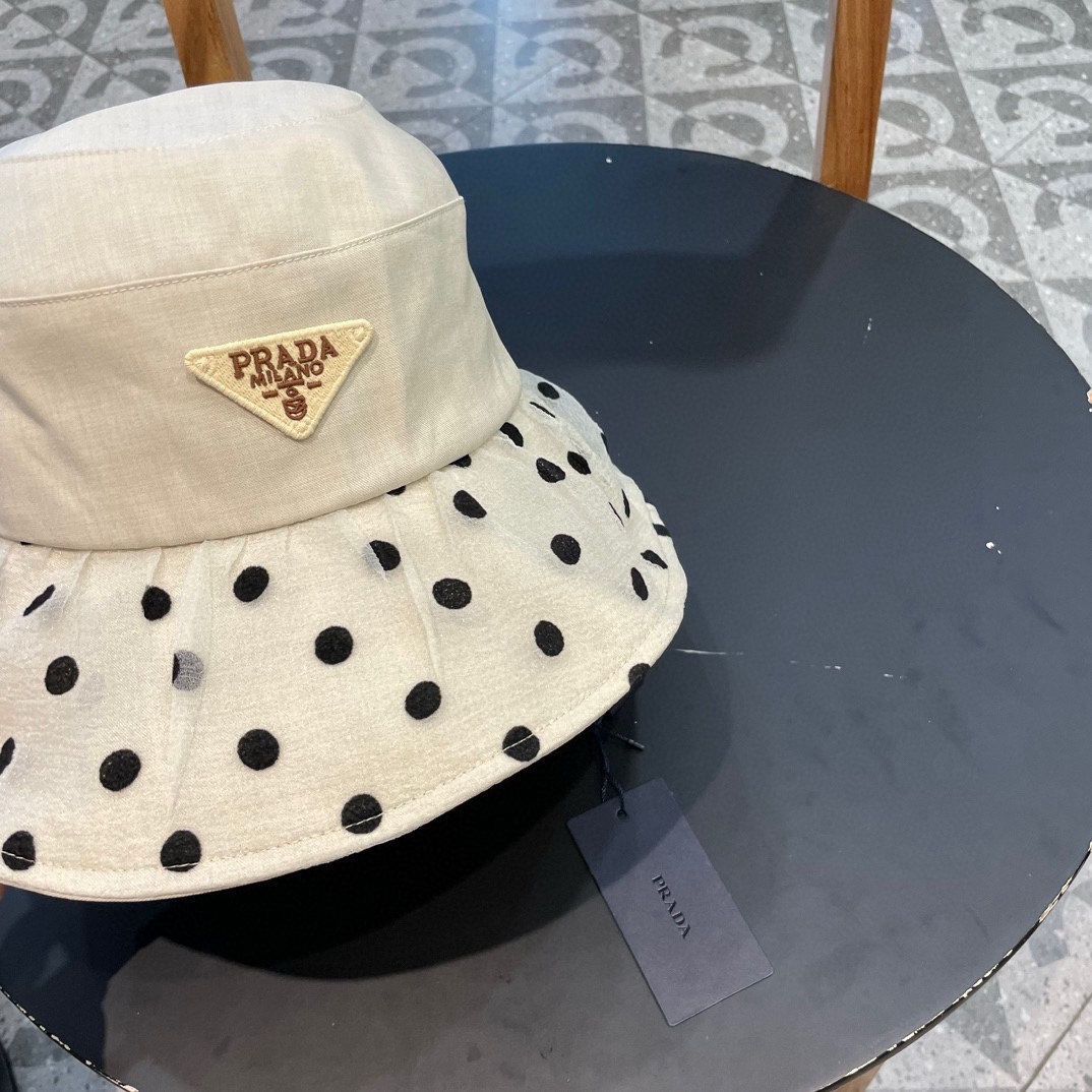 普拉达Prada韩版波点蝴蝶结渔夫帽女款春夏出游优雅百搭可折叠防晒遮阳帽盆帽