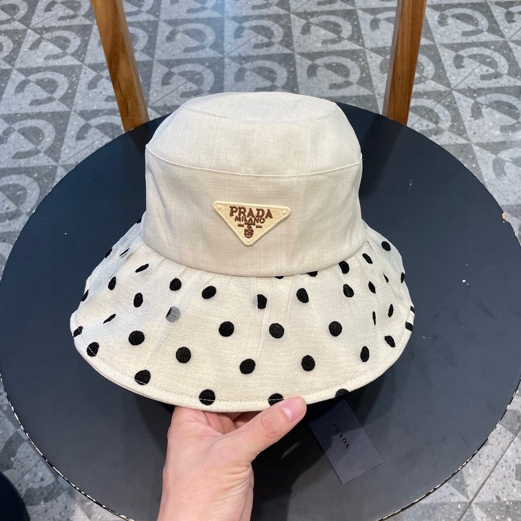 普拉达Prada韩版波点蝴蝶结渔夫帽女款春夏出游优雅百搭可折叠防晒遮阳帽盆帽