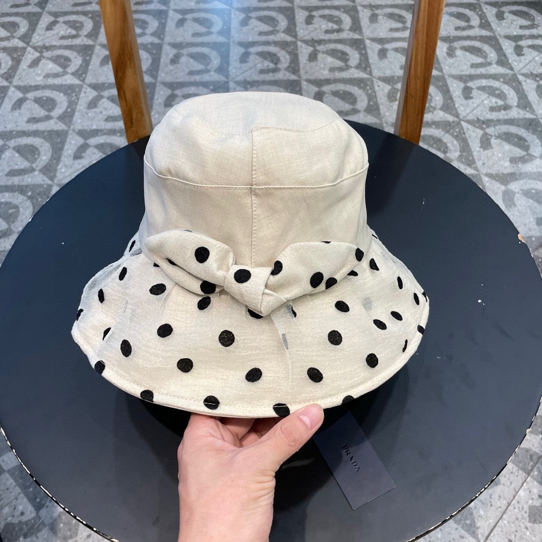普拉达Prada韩版波点蝴蝶结渔夫帽女款春夏出游优雅百搭可折叠防晒遮阳帽盆帽