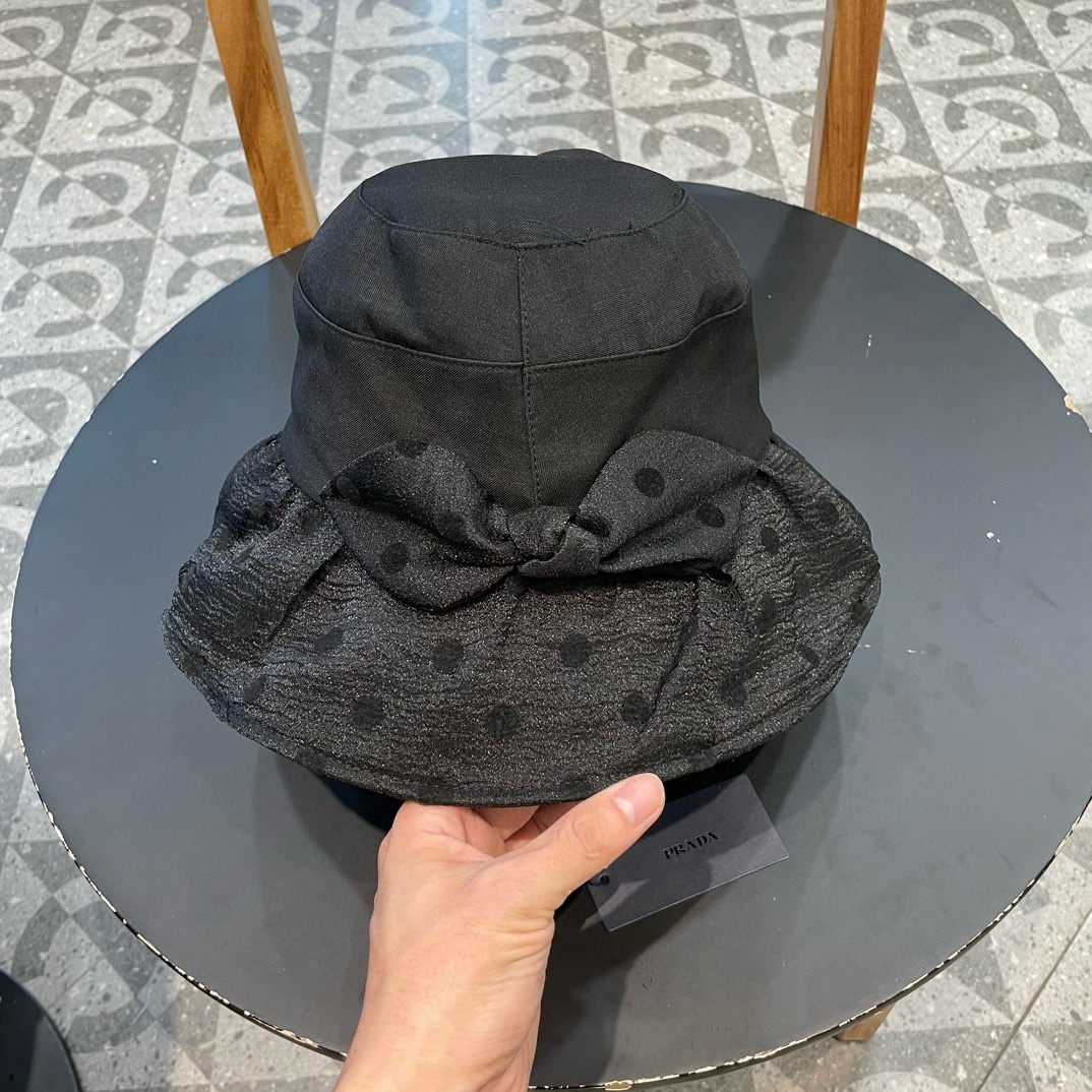 普拉达Prada韩版波点蝴蝶结渔夫帽女款春夏出游优雅百搭可折叠防晒遮阳帽盆帽