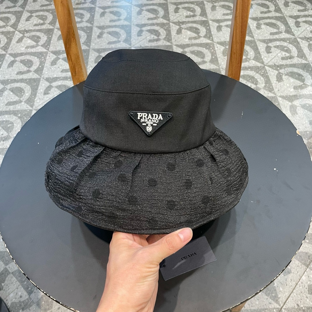 普拉达Prada韩版波点蝴蝶结渔夫帽女款春夏出游优雅百搭可折叠防晒遮阳帽盆帽