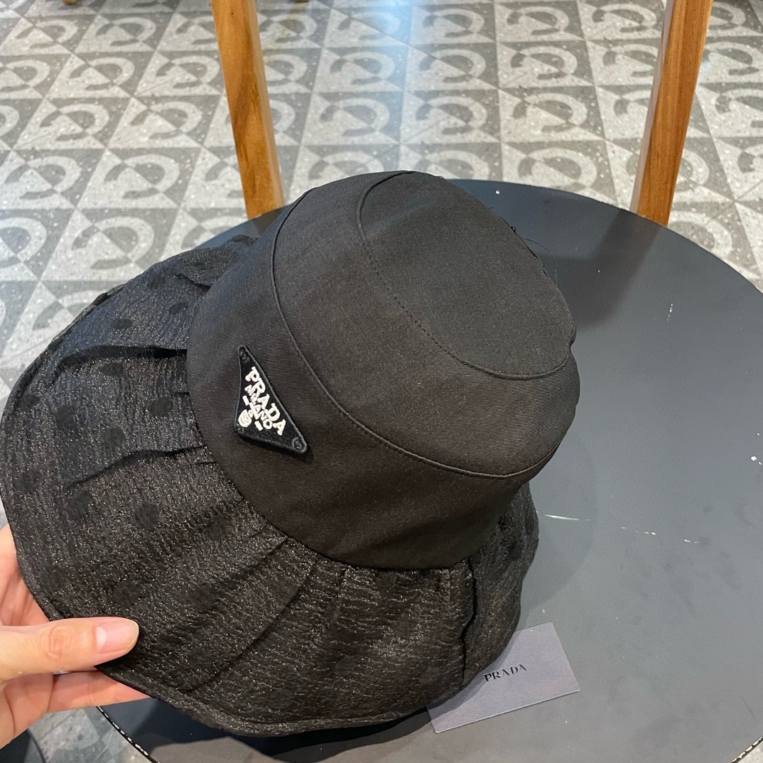 普拉达Prada韩版波点蝴蝶结渔夫帽女款春夏出游优雅百搭可折叠防晒遮阳帽盆帽