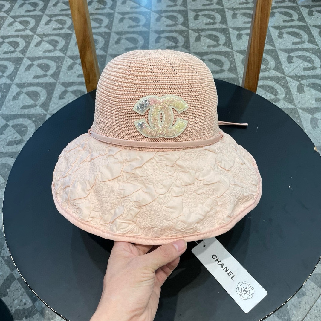  Chanel夏季新款渔夫帽女大檐黑胶防紫外线遮阳帽海边出游防风太阳帽